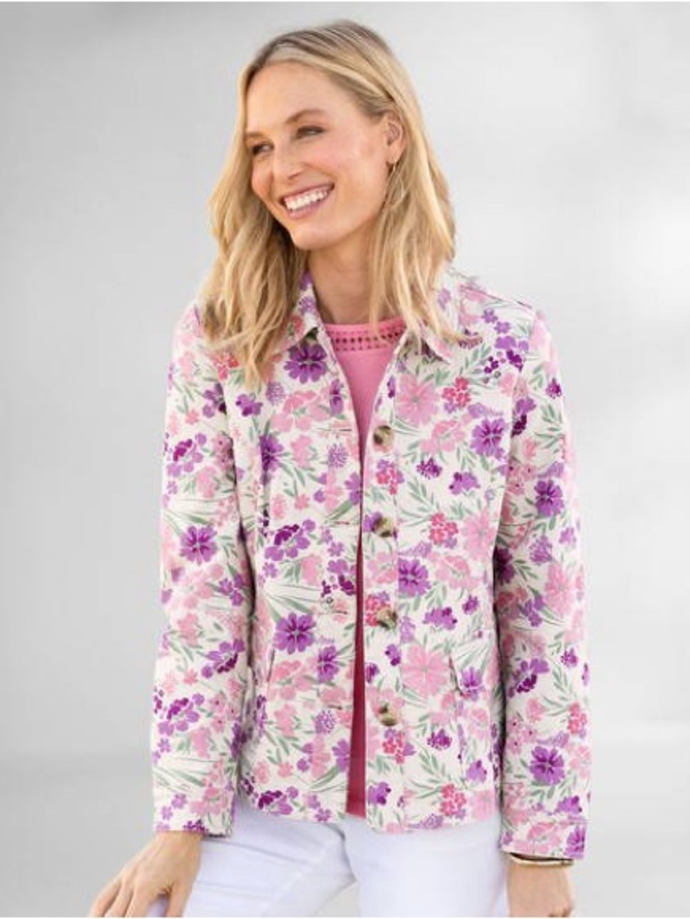 Floral Cotton Twill Chore Coat purple pink white PXL Appleseeds